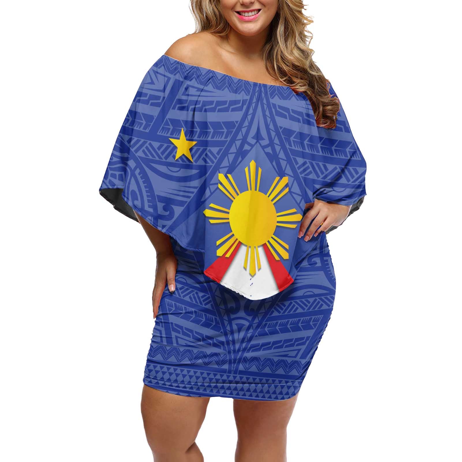 Personalized Pilipinas Eight-Rayed Sun Off Shoulder Short Dress Philippines Map With Polynesian Style - Wonder Print Shop
