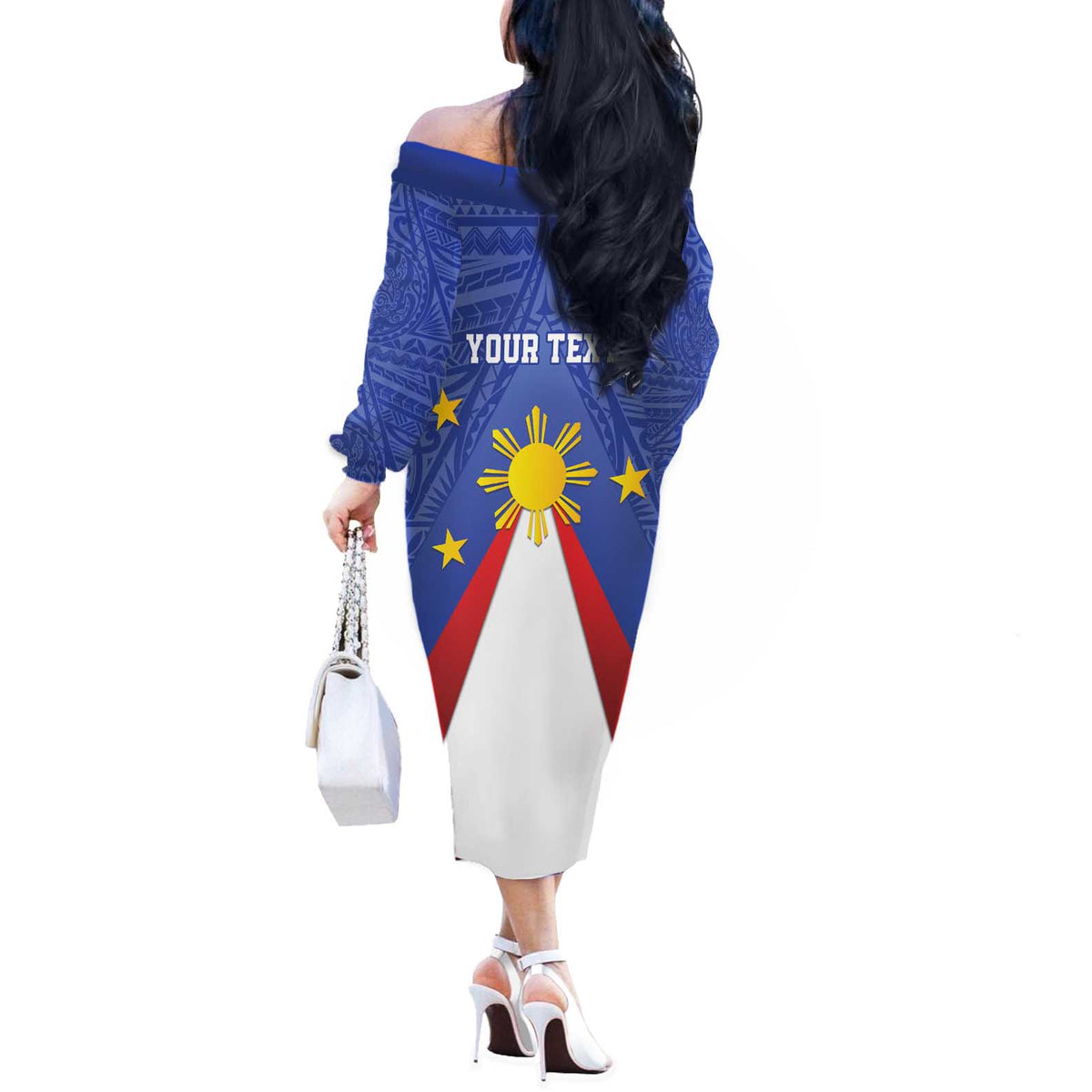 Personalized Pilipinas Eight-Rayed Sun Off The Shoulder Long Sleeve Dress Philippines Map With Polynesian Style - Wonder Print Shop