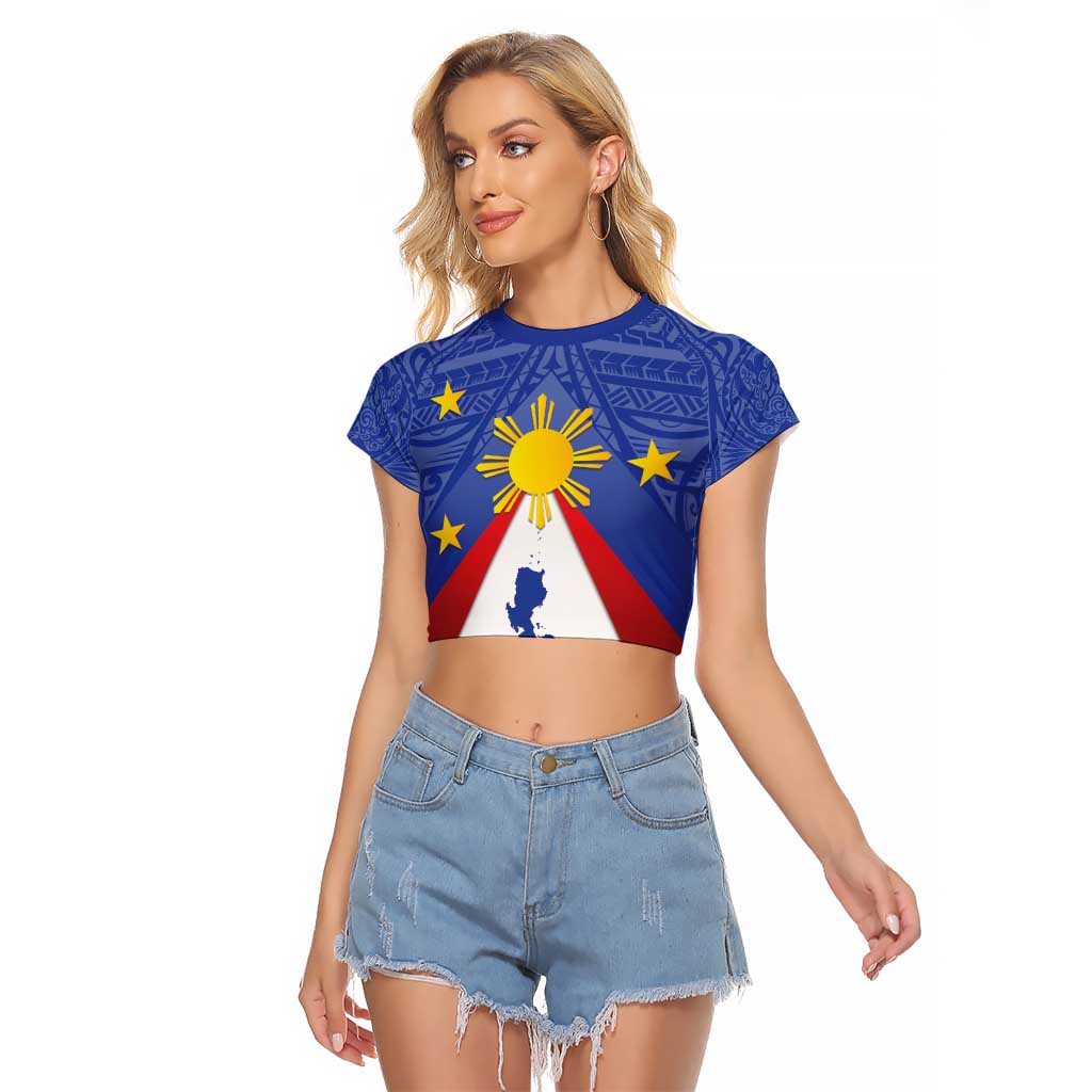 Personalized Pilipinas Eight-Rayed Sun Raglan Cropped T Shirt Philippines Map With Polynesian Style - Wonder Print Shop