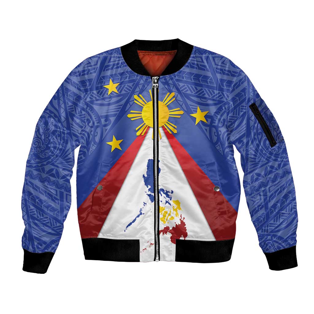 Personalized Pilipinas Eight-Rayed Sun Sleeve Zip Bomber Jacket Philippines Map With Polynesian Style - Wonder Print Shop