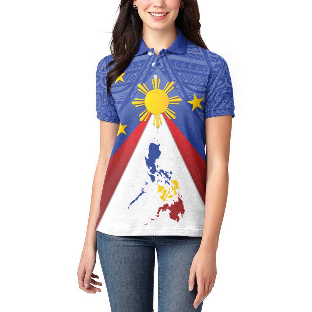 Personalized Pilipinas Eight-Rayed Sun Women Polo Shirt Philippines Map With Polynesian Style - Wonder Print Shop
