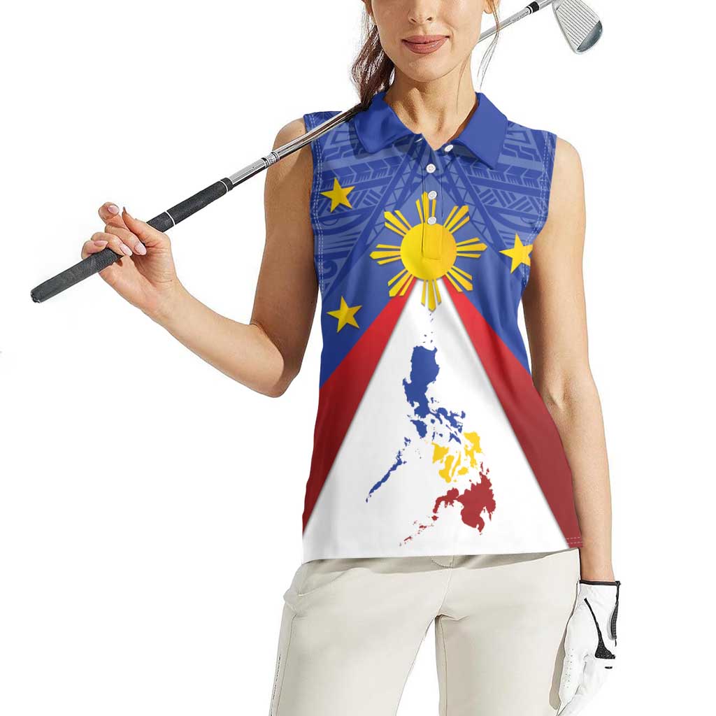 Personalized Pilipinas Eight-Rayed Sun Women Sleeveless Polo Shirt Philippines Map With Polynesian Style - Wonder Print Shop