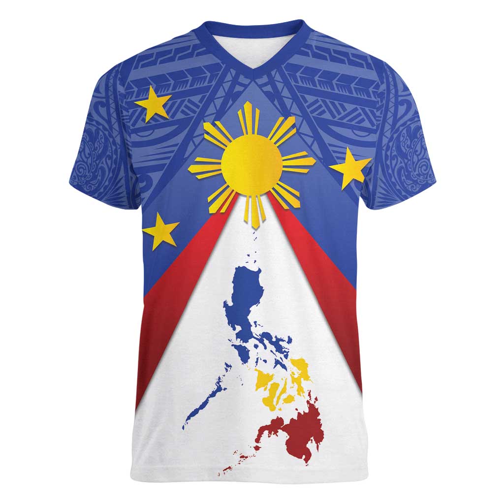 Personalized Pilipinas Eight-Rayed Sun Women V-Neck T-Shirt Philippines Map With Polynesian Style - Wonder Print Shop