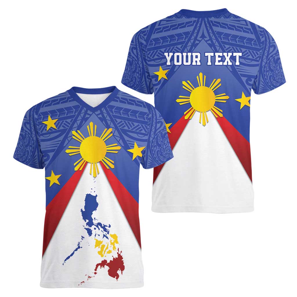 Personalized Pilipinas Eight-Rayed Sun Women V-Neck T-Shirt Philippines Map With Polynesian Style - Wonder Print Shop