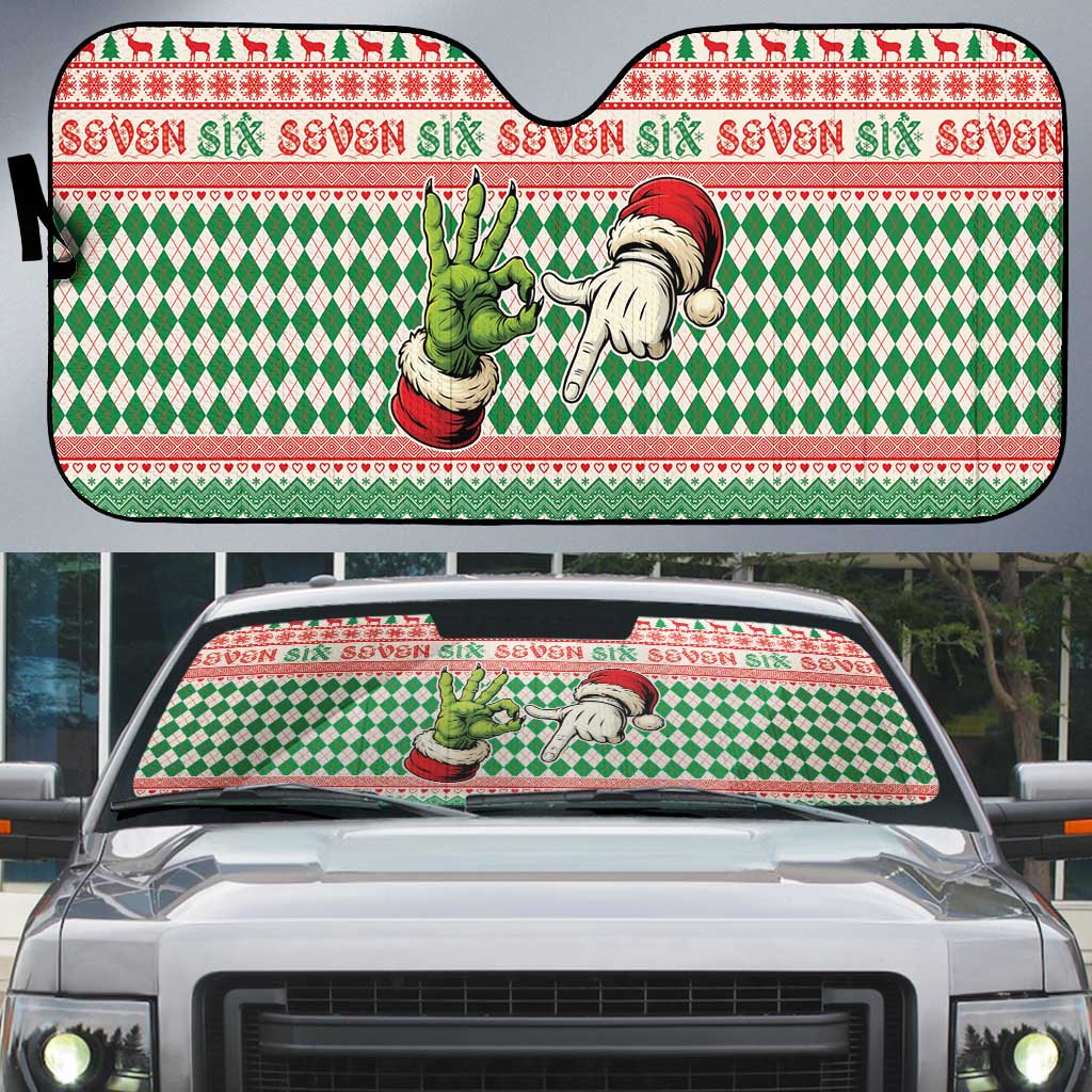 Six Seven Meme Auto Sun Shade Funny Green Hand Christmas - Wonder Print Shop