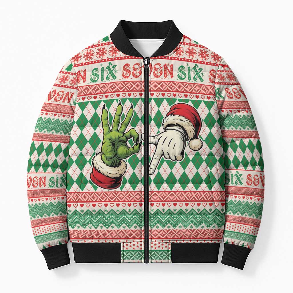 Six Seven Meme Personalized Bomber Puffer Jacket Funny Green Hand Christmas - Wonder Print Shop