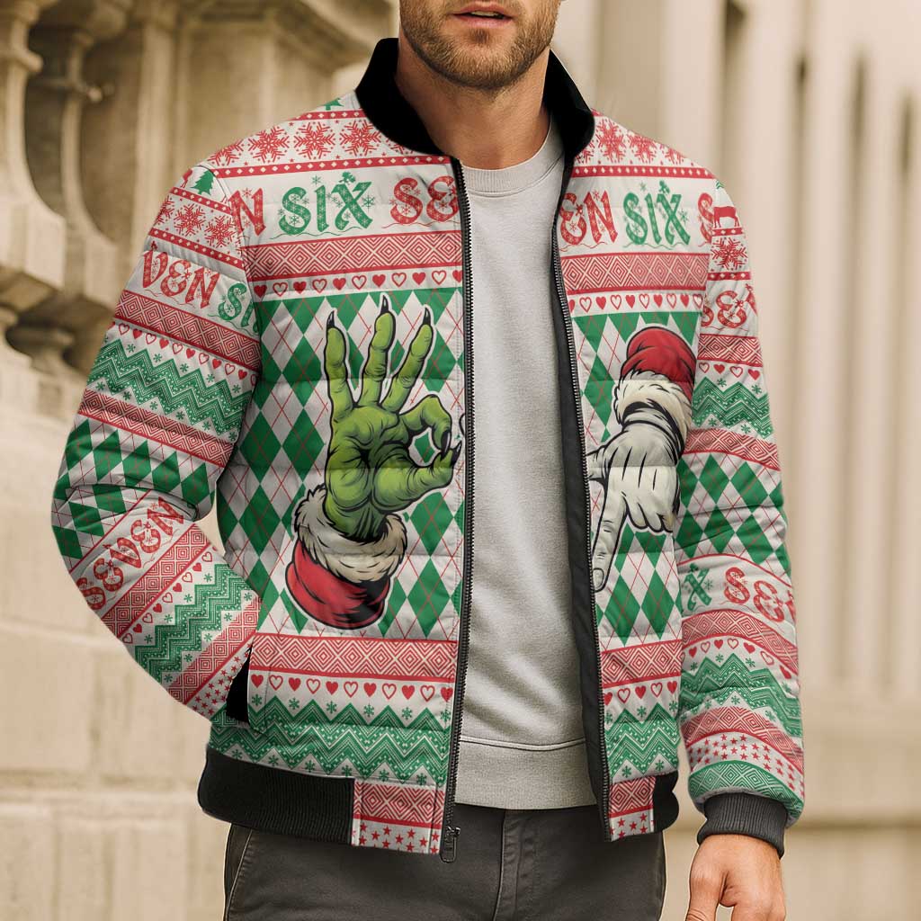 Six Seven Meme Personalized Bomber Puffer Jacket Funny Green Hand Christmas - Wonder Print Shop