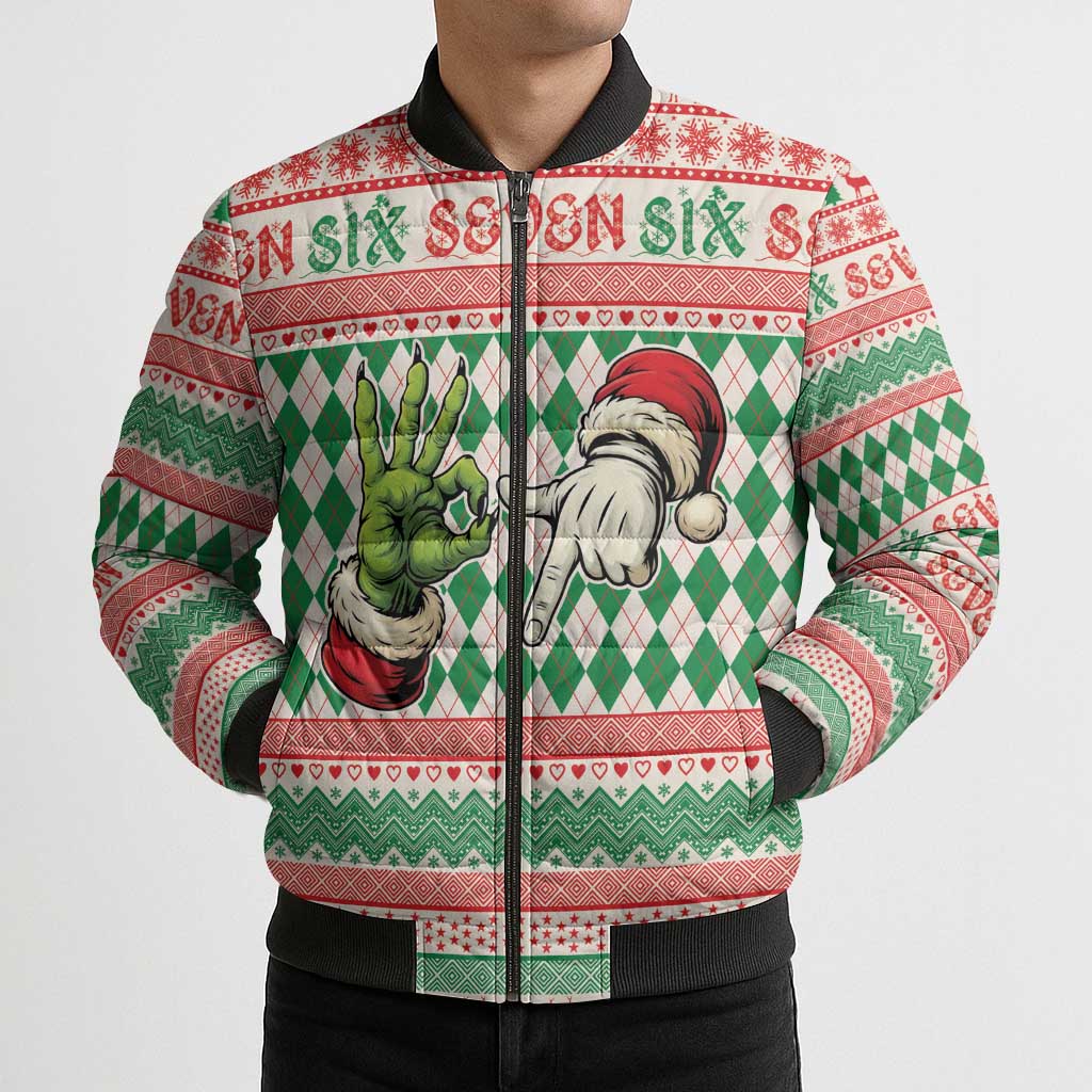 Six Seven Meme Personalized Bomber Puffer Jacket Funny Green Hand Christmas - Wonder Print Shop