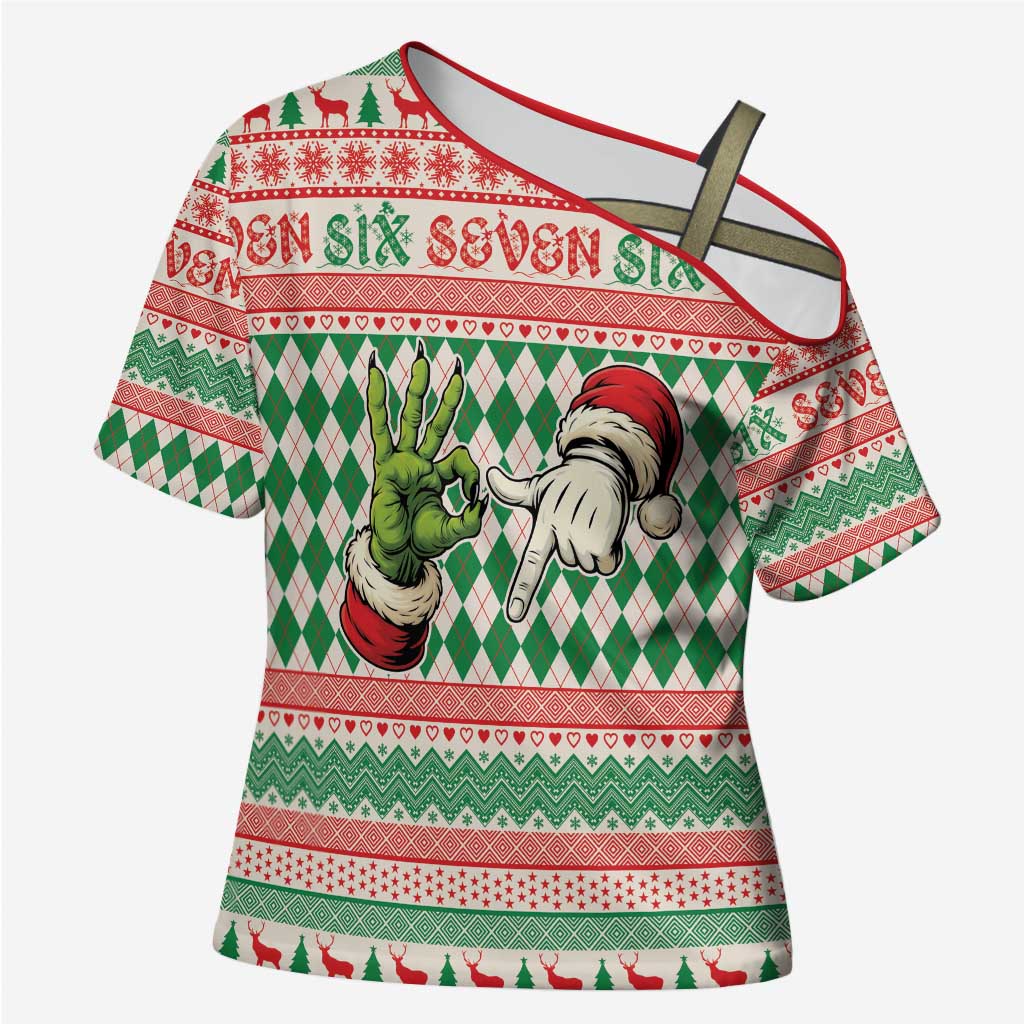 Six Seven Meme Personalized Cross Shoulder Shirt Funny Green Hand Christmas - Wonder Print Shop