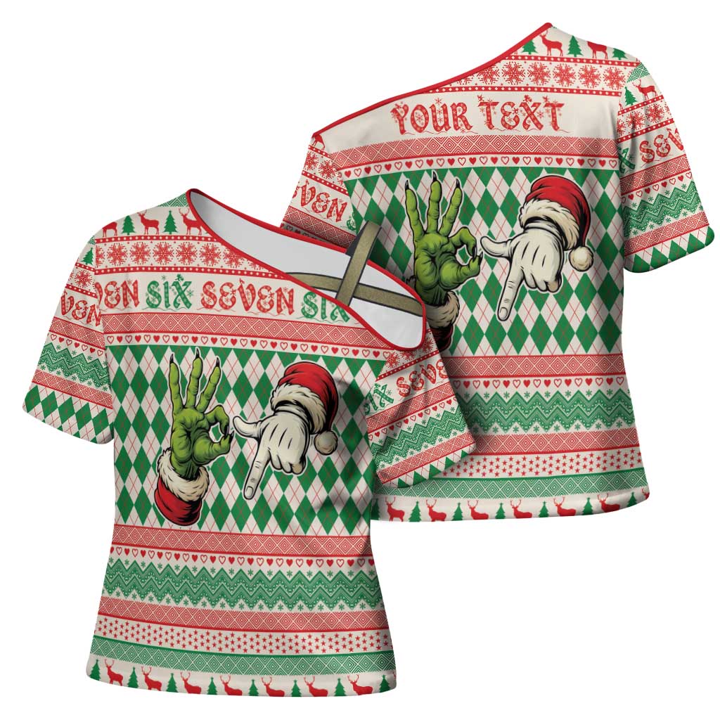 Six Seven Meme Personalized Cross Shoulder Shirt Funny Green Hand Christmas - Wonder Print Shop