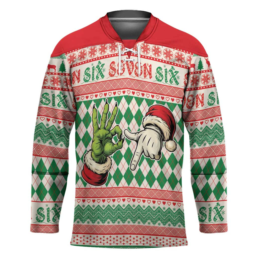 Six Seven Meme Personalized Hockey Jersey Funny Green Hand Christmas - Wonder Print Shop