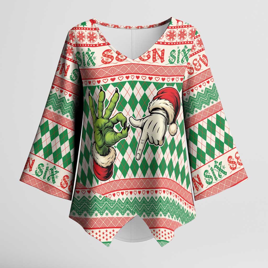Six Seven Meme Personalized Kimono Sleeve Blouse Funny Green Hand Christmas - Wonder Print Shop
