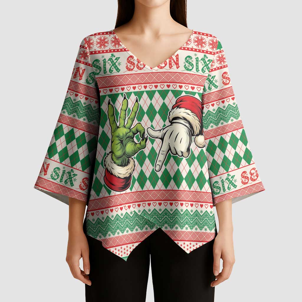 Six Seven Meme Personalized Kimono Sleeve Blouse Funny Green Hand Christmas - Wonder Print Shop