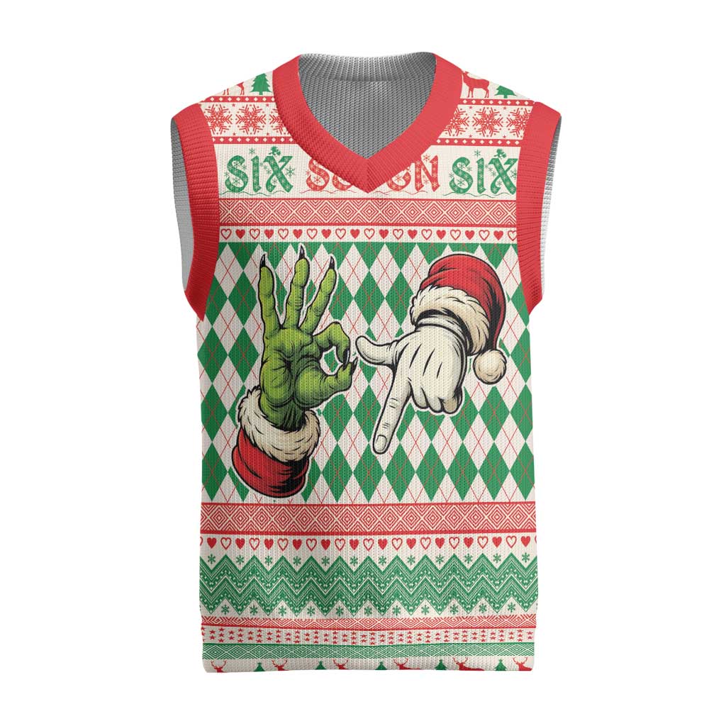 Six Seven Meme Personalized Christmas Knitted V-Neck Vest Funny Green Hand Christmas - Wonder Print Shop