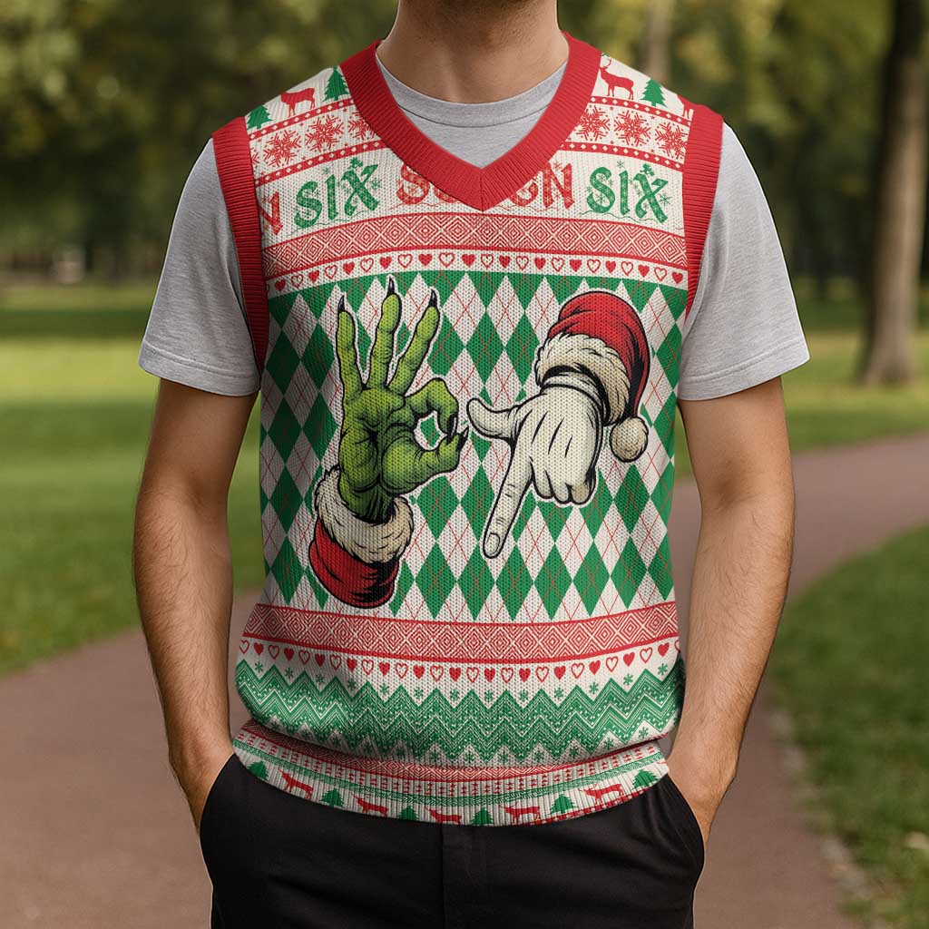 Six Seven Meme Personalized Christmas Knitted V-Neck Vest Funny Green Hand Christmas - Wonder Print Shop