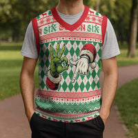 Six Seven Meme Personalized Christmas Knitted V-Neck Vest Funny Green Hand Christmas - Wonder Print Shop