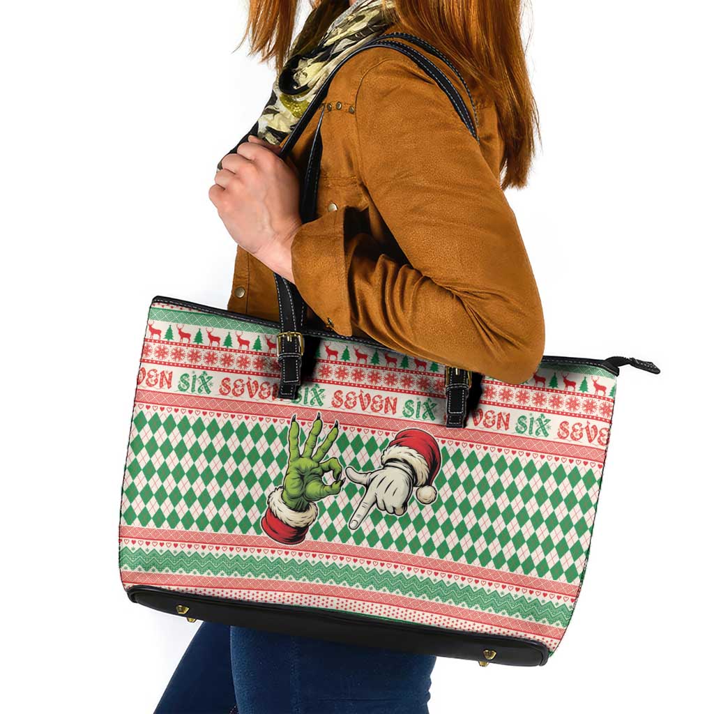Six Seven Meme Leather Tote Bag Funny Green Hand Christmas - Wonder Print Shop