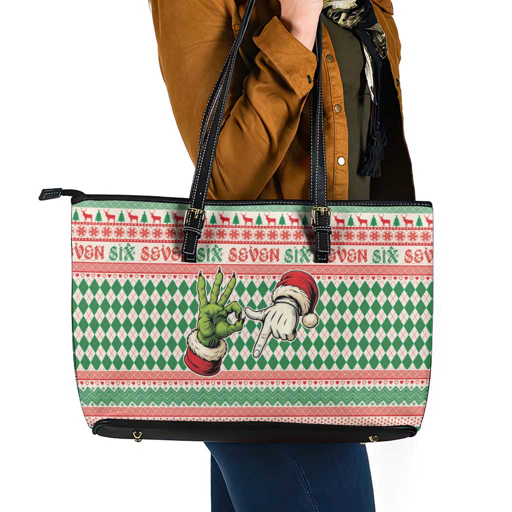 Six Seven Meme Leather Tote Bag Funny Green Hand Christmas - Wonder Print Shop