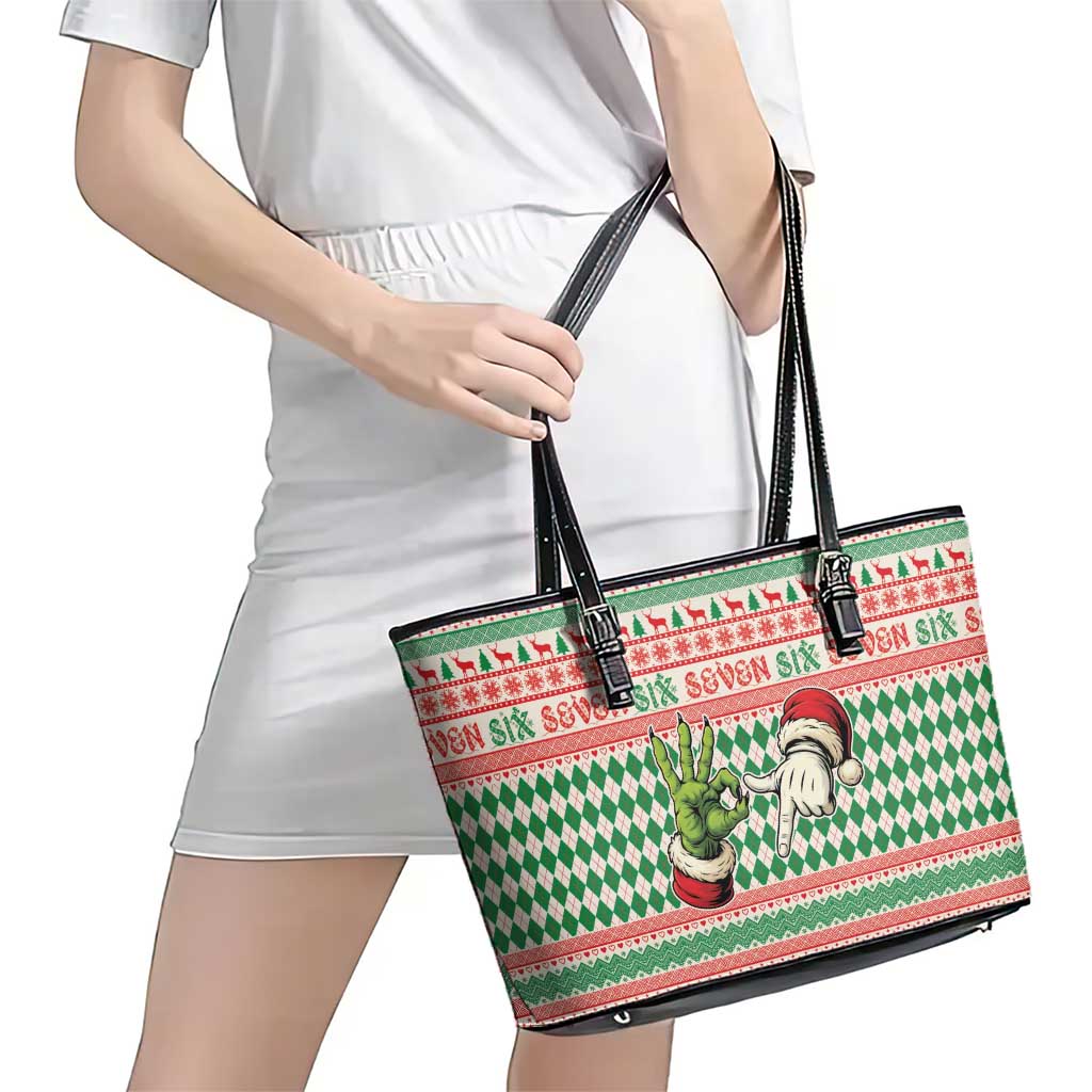 Six Seven Meme Leather Tote Bag Funny Green Hand Christmas - Wonder Print Shop