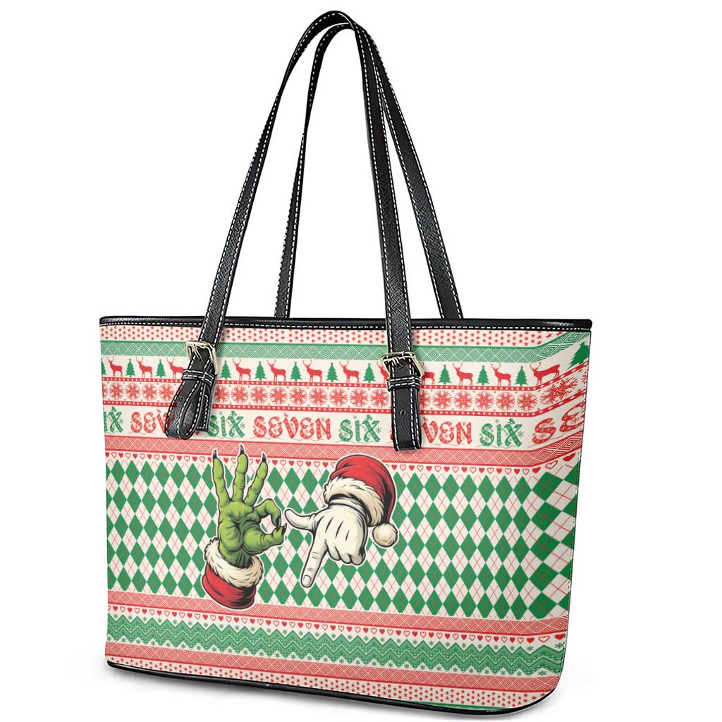 Six Seven Meme Leather Tote Bag Funny Green Hand Christmas - Wonder Print Shop