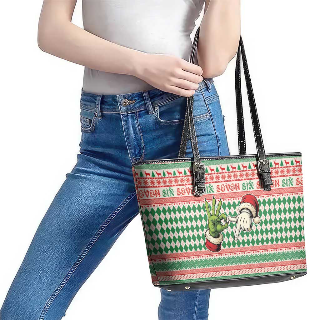 Six Seven Meme Leather Tote Bag Funny Green Hand Christmas - Wonder Print Shop