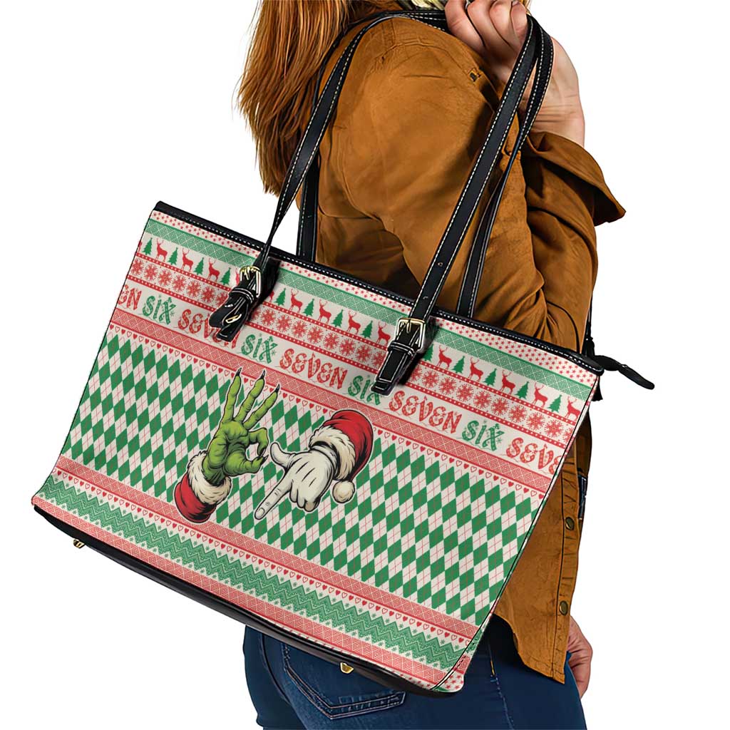 Six Seven Meme Leather Tote Bag Funny Green Hand Christmas - Wonder Print Shop