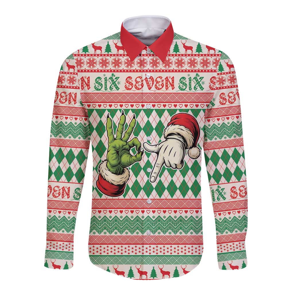 Six Seven Meme Personalized Long Sleeve Button Shirt Funny Green Hand Christmas - Wonder Print Shop