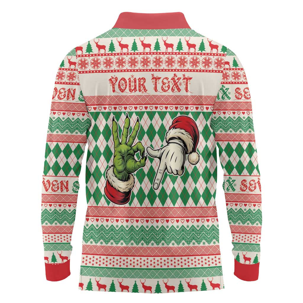 Six Seven Meme Personalized Long Sleeve Polo Shirt Funny Green Hand Christmas - Wonder Print Shop