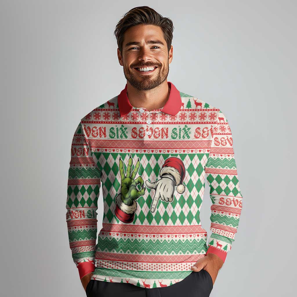 Six Seven Meme Personalized Long Sleeve Polo Shirt Funny Green Hand Christmas - Wonder Print Shop