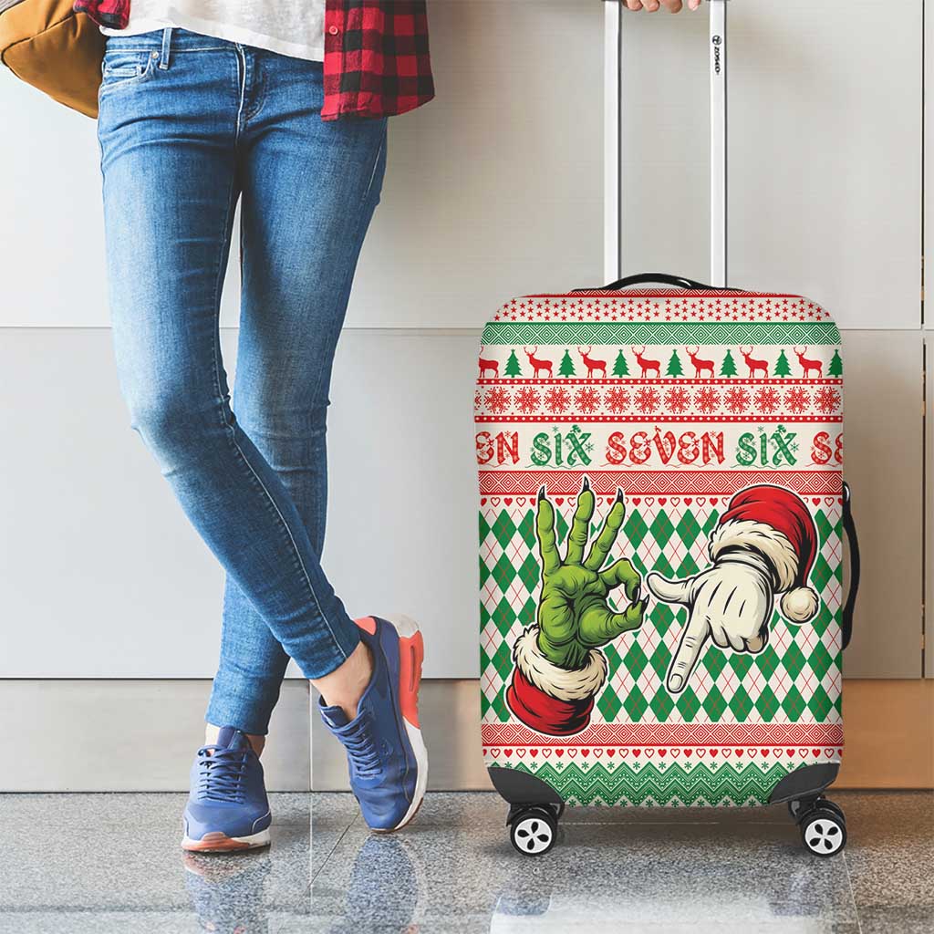 Six Seven Meme Luggage Cover Funny Green Hand Christmas - Wonder Print Shop