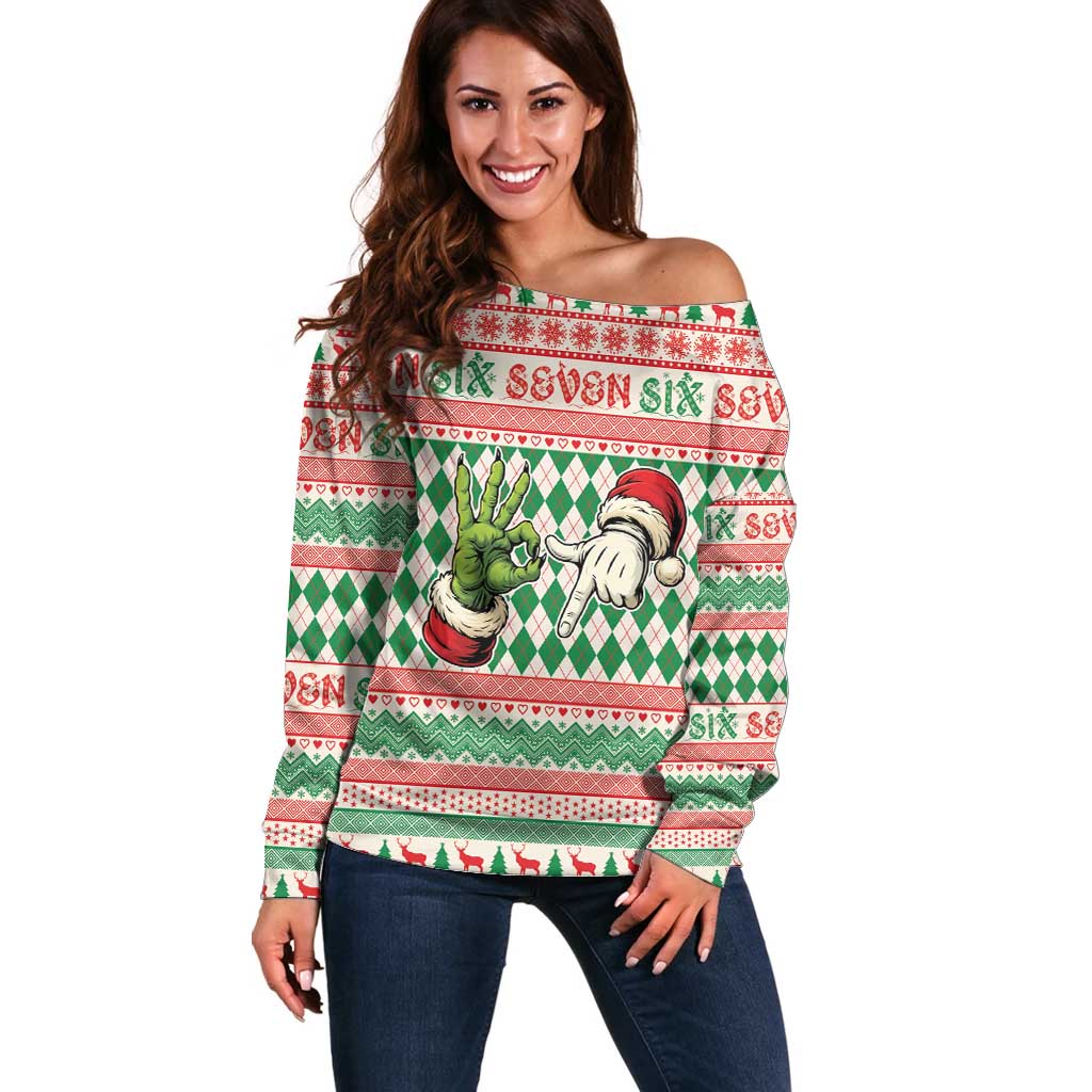 Six Seven Meme Personalized Off Shoulder Sweater Funny Green Hand Christmas - Wonder Print Shop