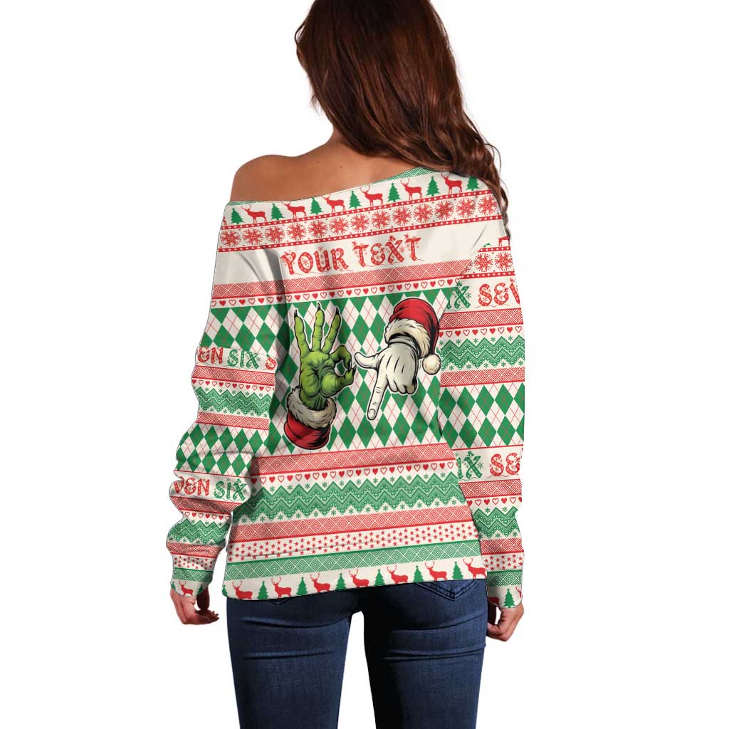 Six Seven Meme Personalized Off Shoulder Sweater Funny Green Hand Christmas - Wonder Print Shop