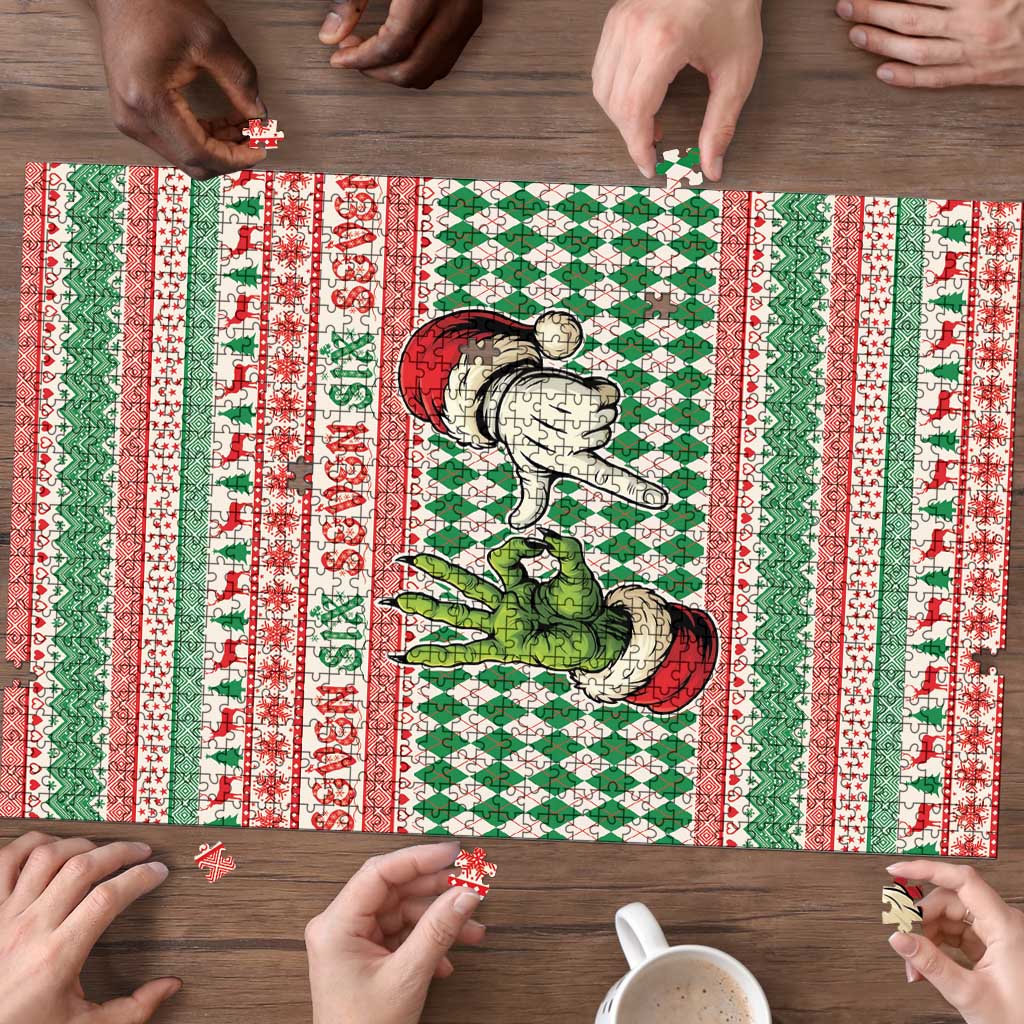 Six Seven Meme Puzzle Funny Green Hand Christmas - Wonder Print Shop
