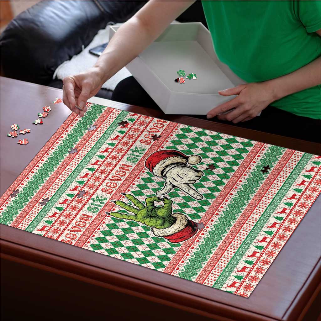 Six Seven Meme Puzzle Funny Green Hand Christmas - Wonder Print Shop