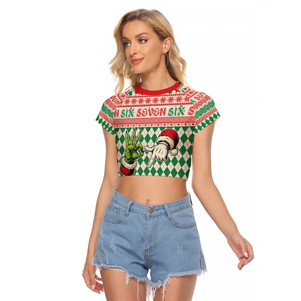 Six Seven Meme Personalized Raglan Cropped T Shirt Funny Green Hand Christmas - Wonder Print Shop