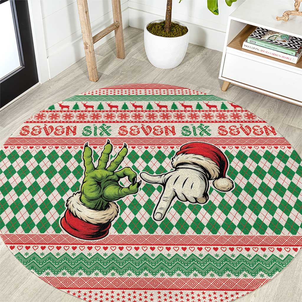 Six Seven Meme Round Carpet Funny Green Hand Christmas - Wonder Print Shop