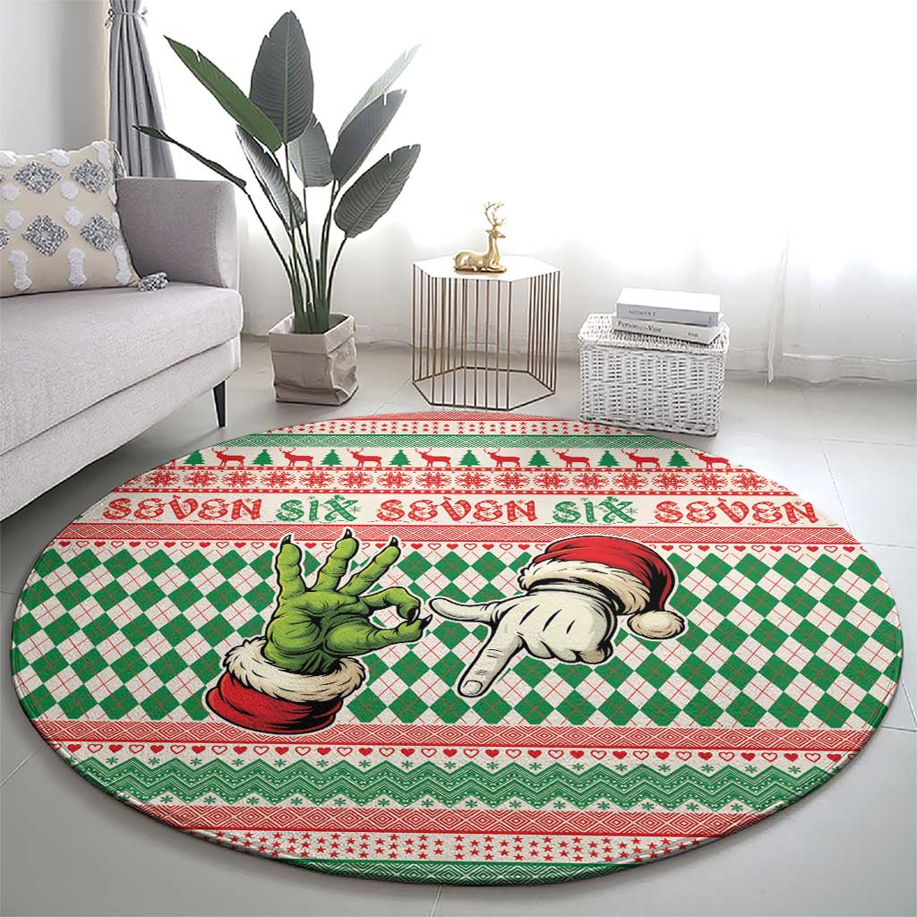 Six Seven Meme Round Carpet Funny Green Hand Christmas - Wonder Print Shop