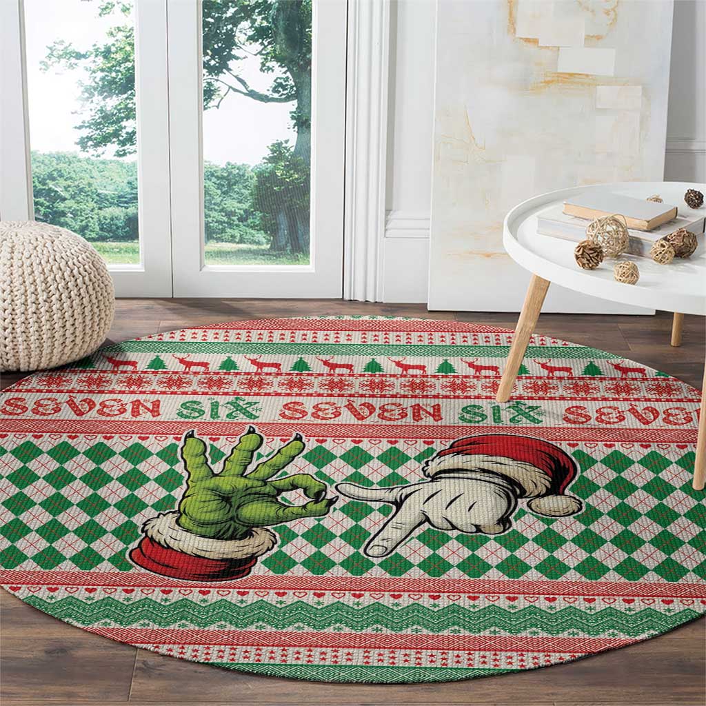Six Seven Meme Round Carpet Funny Green Hand Christmas - Wonder Print Shop