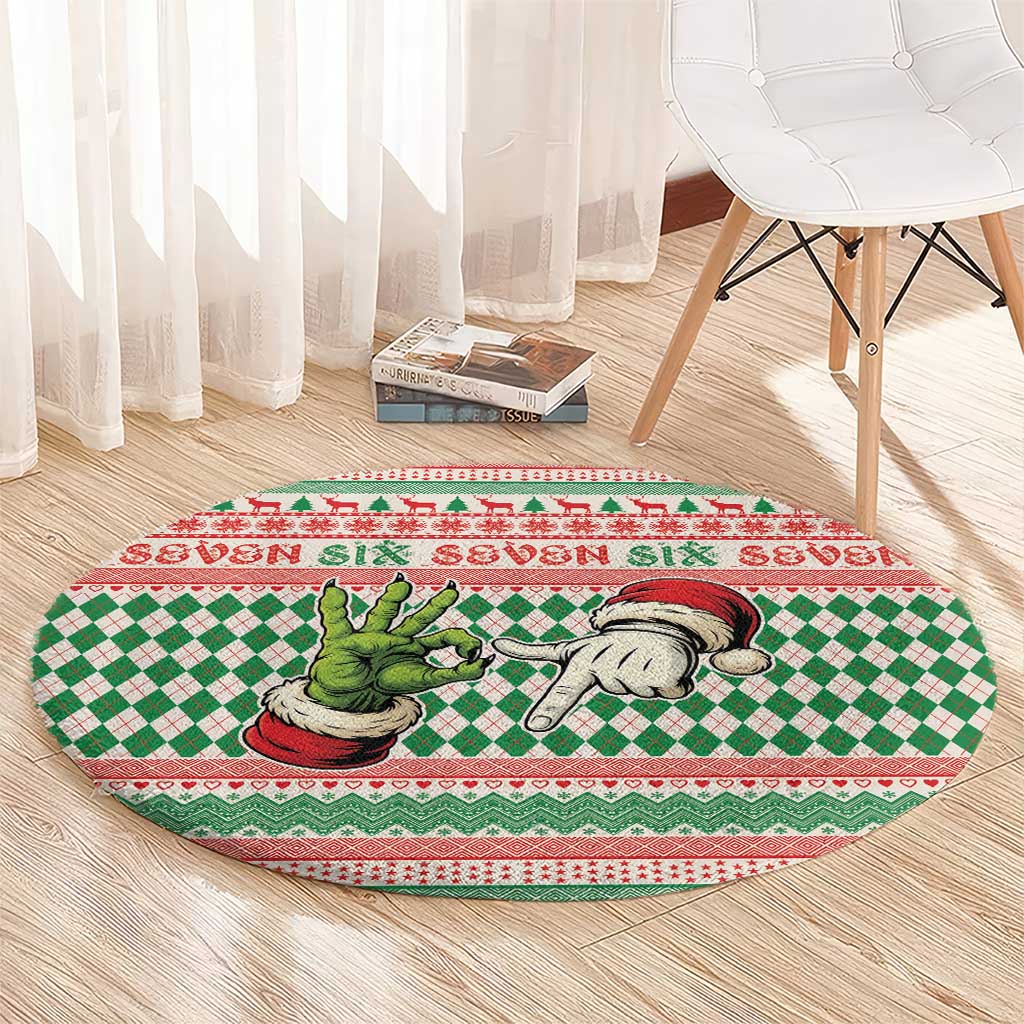 Six Seven Meme Round Carpet Funny Green Hand Christmas - Wonder Print Shop