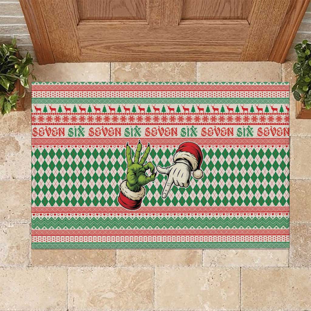 Six Seven Meme Rubber Doormat Funny Green Hand Christmas - Wonder Print Shop