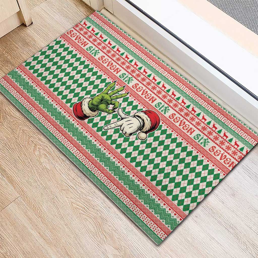 Six Seven Meme Rubber Doormat Funny Green Hand Christmas - Wonder Print Shop