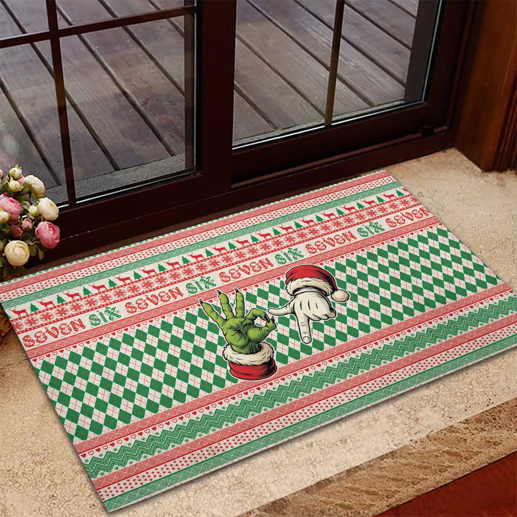 Six Seven Meme Rubber Doormat Funny Green Hand Christmas - Wonder Print Shop