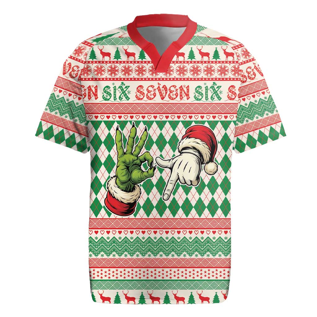 Six Seven Meme Personalized Rugby Jersey Funny Green Hand Christmas - Wonder Print Shop
