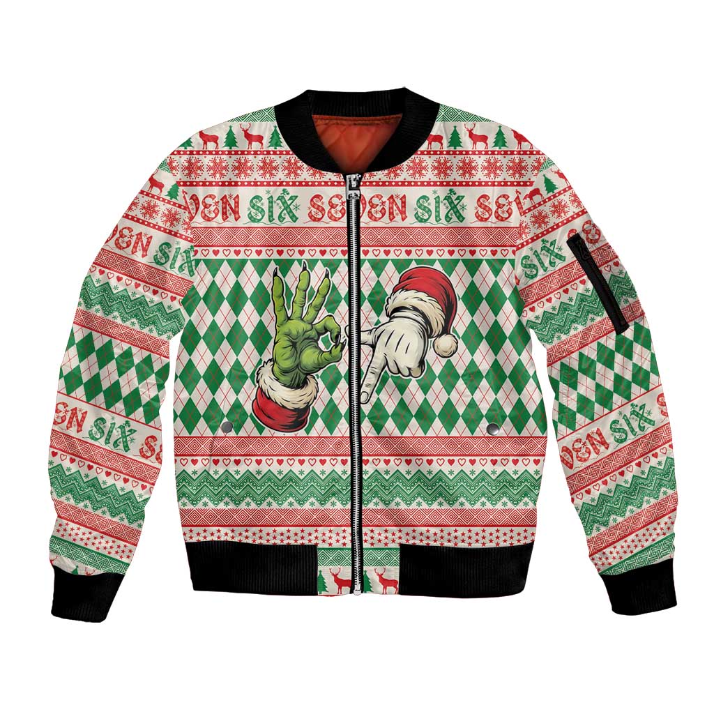 Six Seven Meme Personalized Sleeve Zip Bomber Jacket Funny Green Hand Christmas - Wonder Print Shop