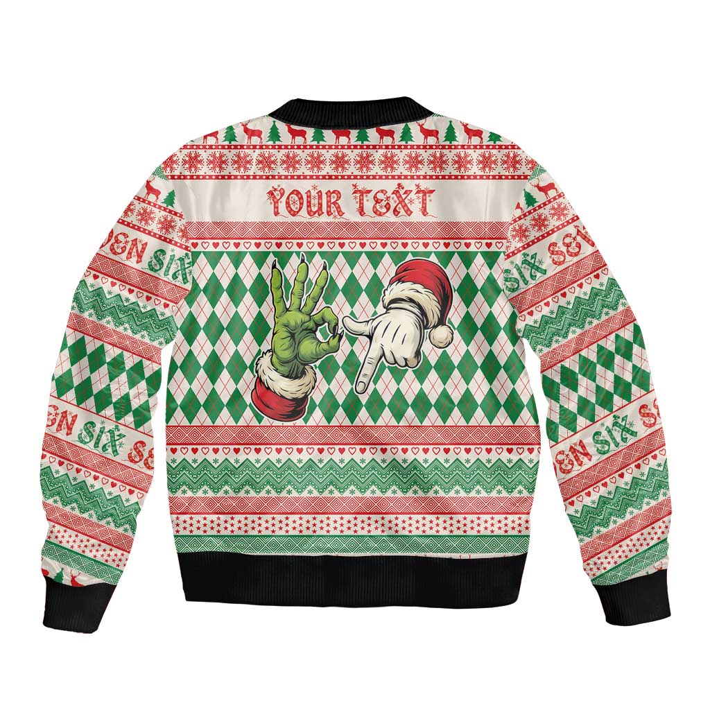 Six Seven Meme Personalized Sleeve Zip Bomber Jacket Funny Green Hand Christmas - Wonder Print Shop