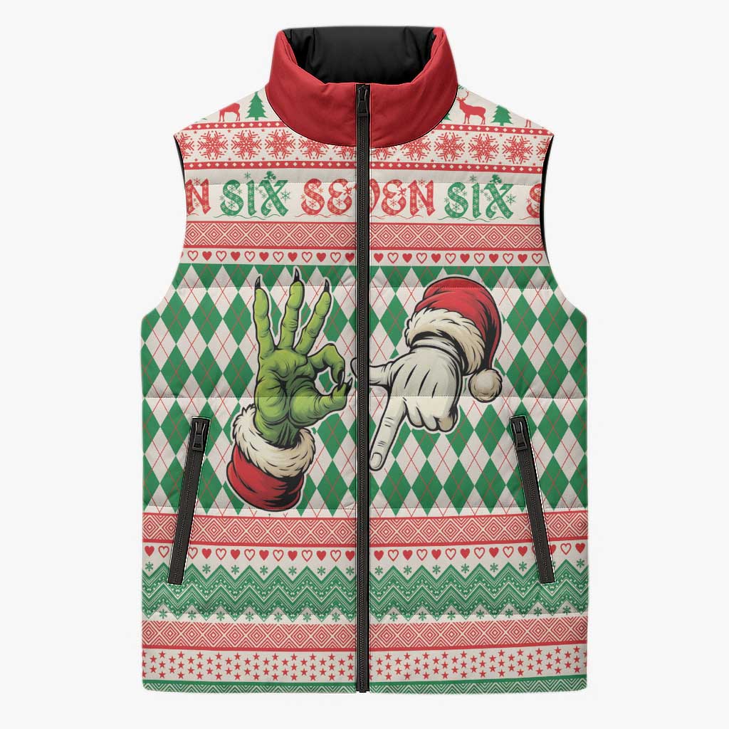 Six Seven Meme Personalized Sleeveless Puffer Jacket Funny Green Hand Christmas - Wonder Print Shop