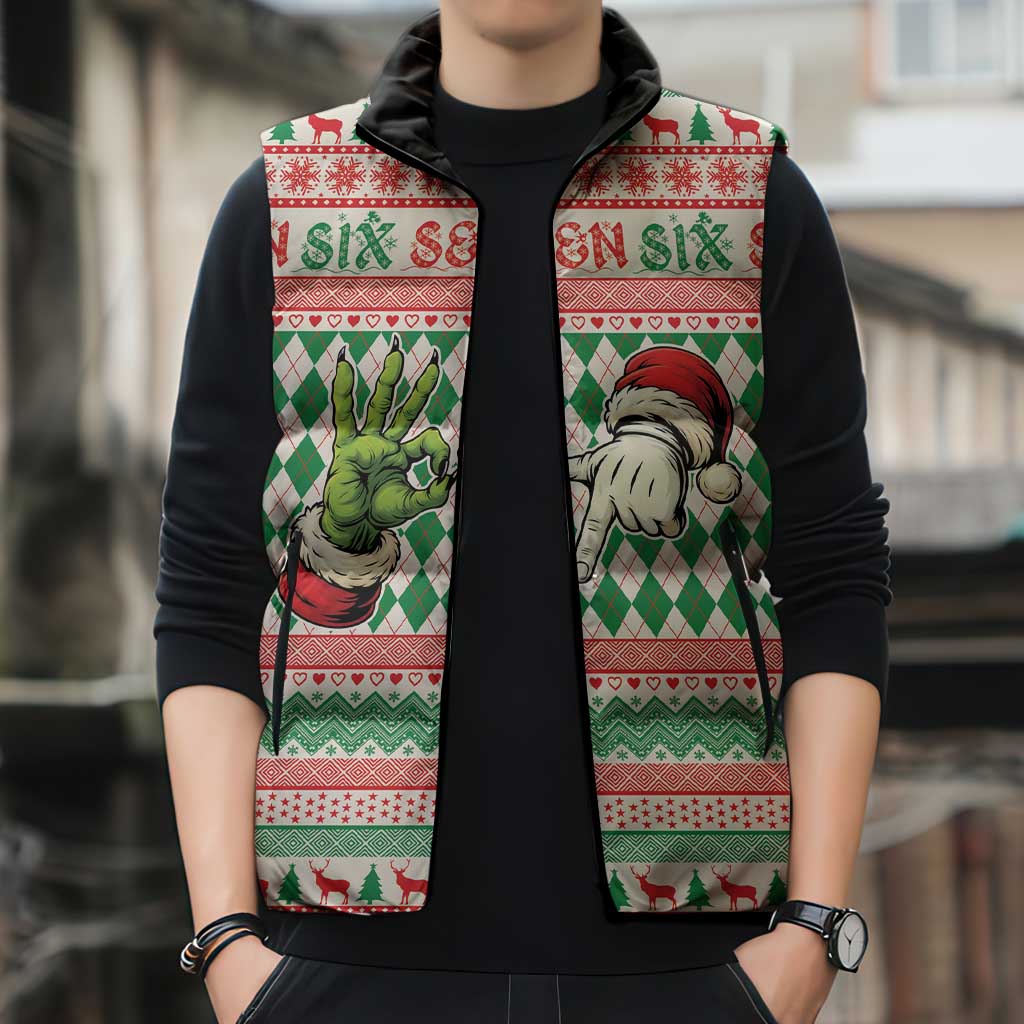 Six Seven Meme Personalized Sleeveless Puffer Jacket Funny Green Hand Christmas - Wonder Print Shop