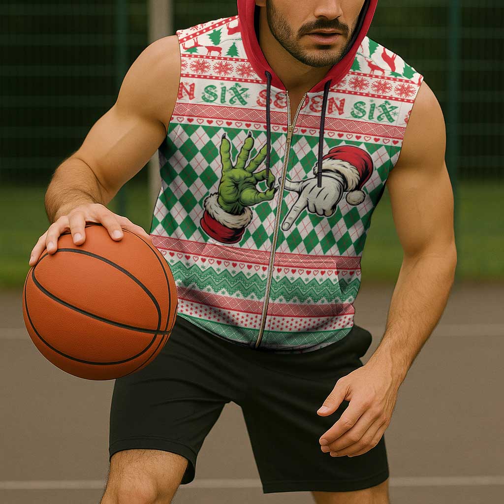 Six Seven Meme Personalized Sleeveless Zip Hoodie Funny Green Hand Christmas - Wonder Print Shop