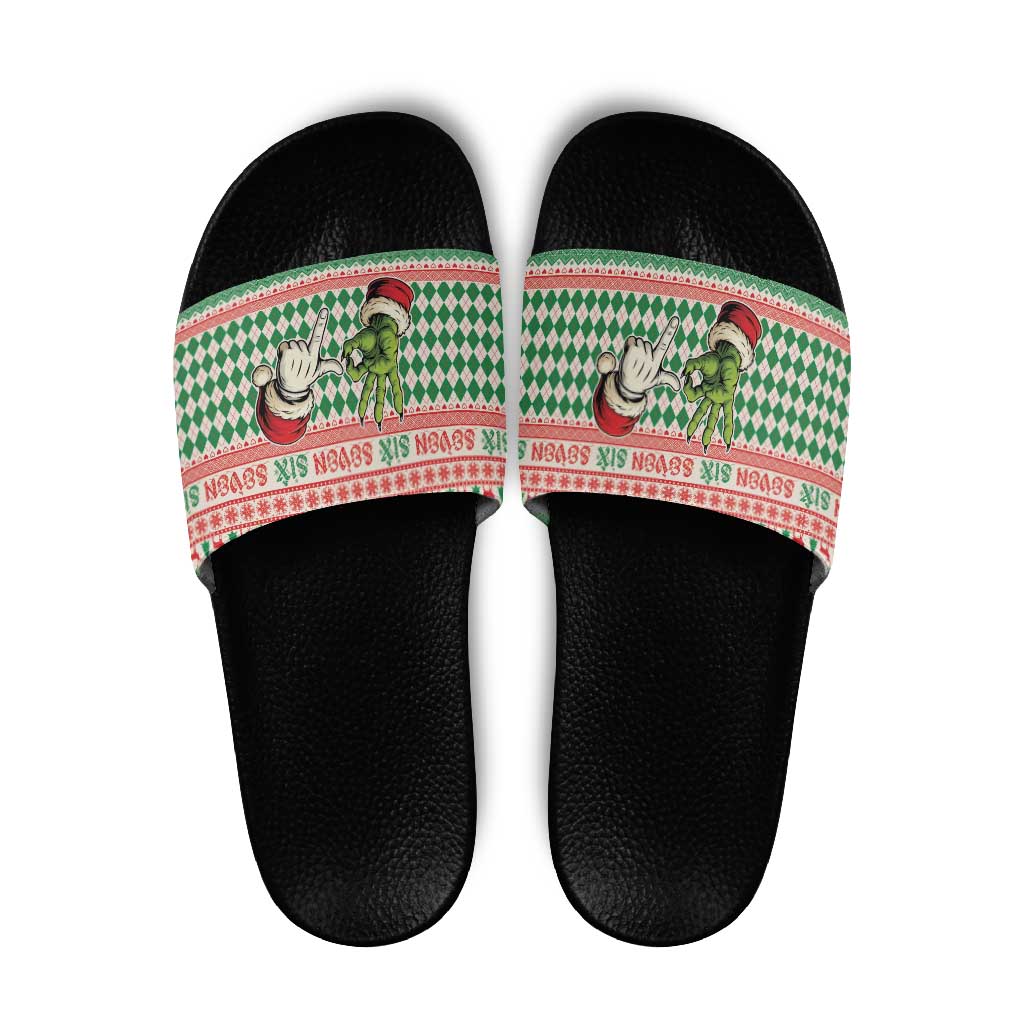 Six Seven Meme Slide Sandals Funny Green Hand Christmas - Wonder Print Shop
