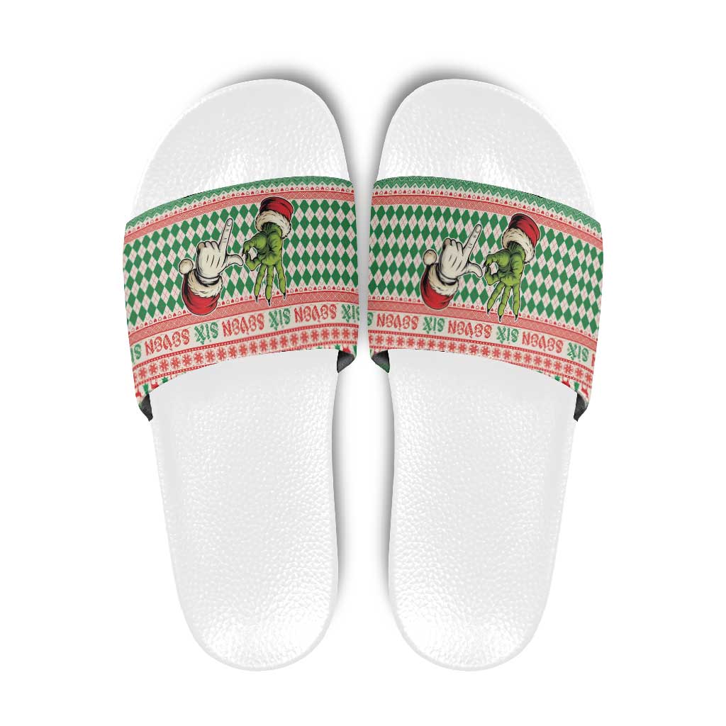 Six Seven Meme Slide Sandals Funny Green Hand Christmas - Wonder Print Shop